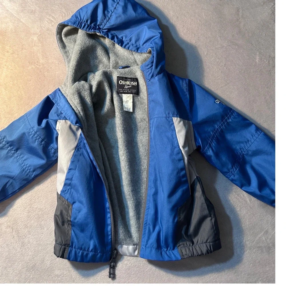 OshKosh B'gosh Toddler Boys Blue Grey Fleece Lined Hooded Windbreaker Jacket 2T